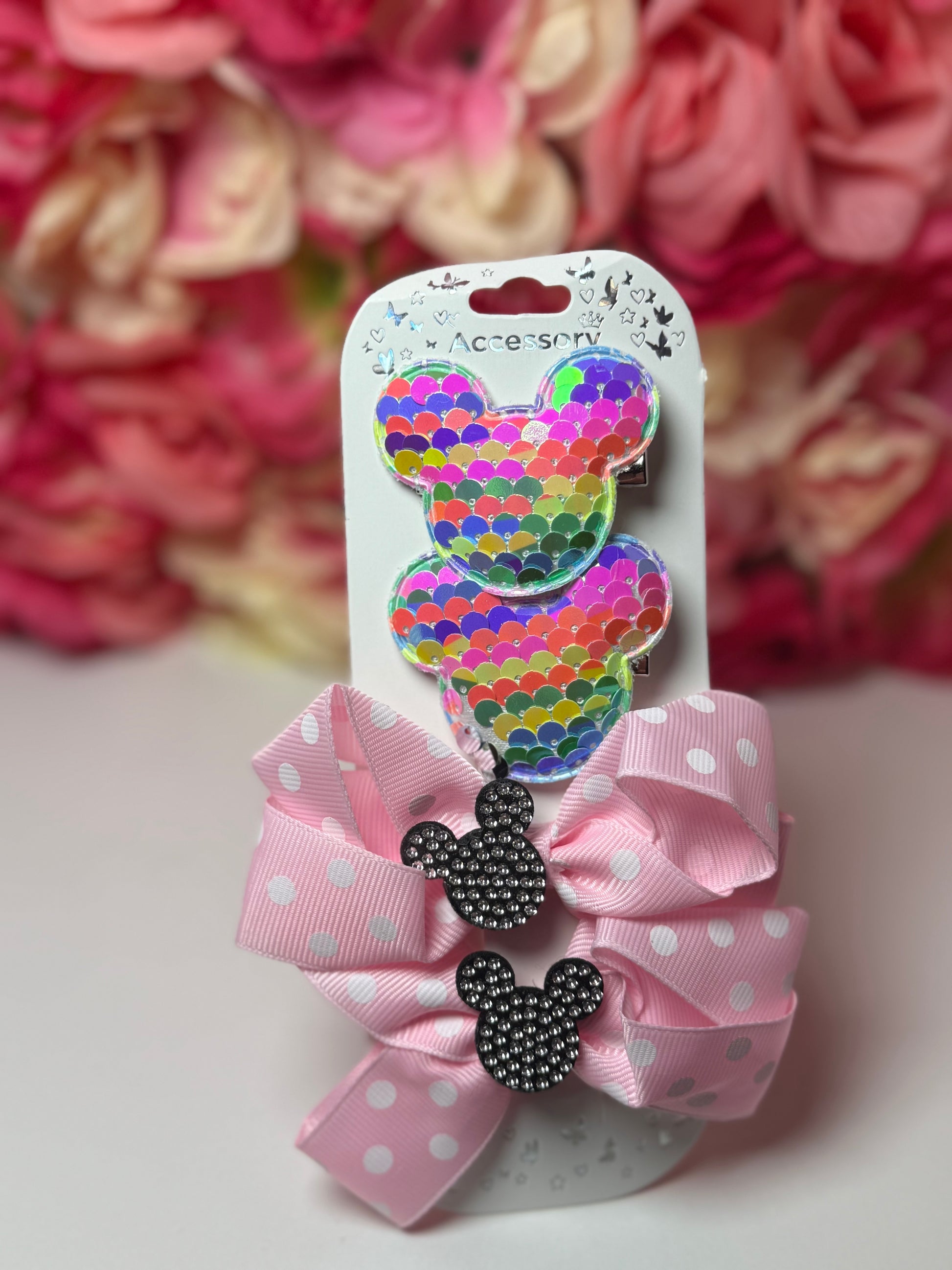 MM Hair bow and pins set- Pink