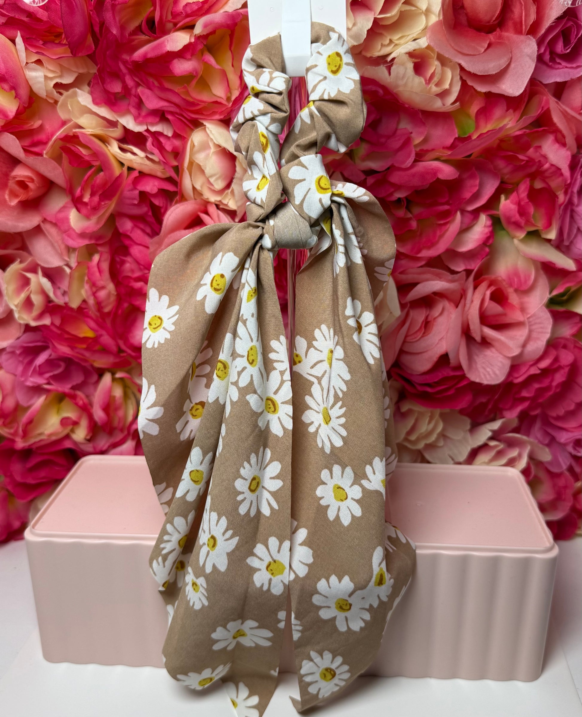 Hair scrunchie w/flower bow- tan